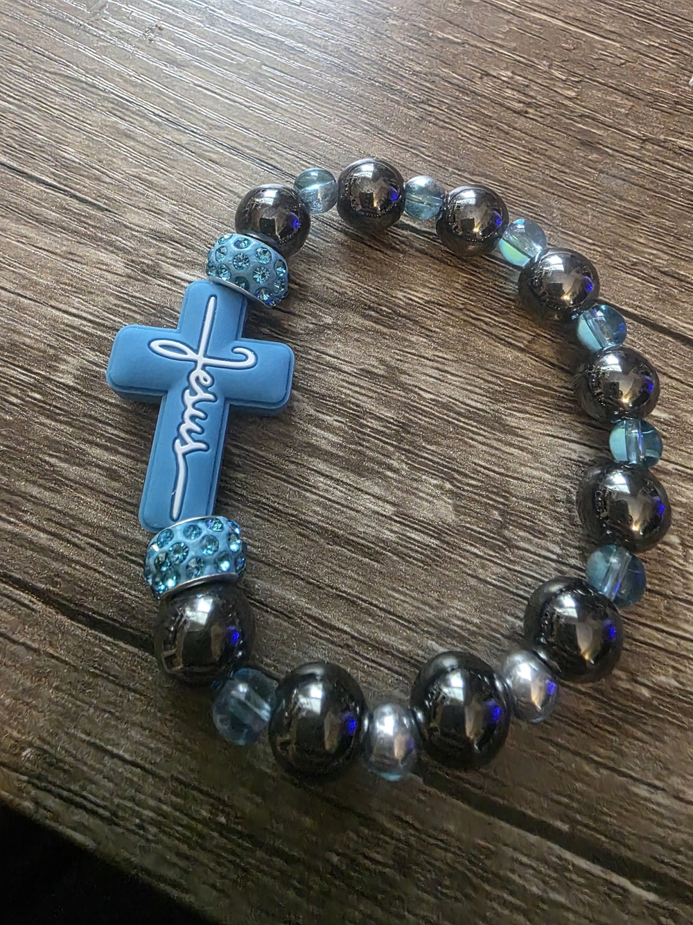 Handcrafted Hematite Light Blue Jesus Cross Stretch Bracelet